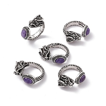 Dragon Head Natural Charoite Cuff Rings, Antique Silver Tone Brass Open Rings for Women, 5mm, Inner Diameter: US Size 8 1/4(18.3mm)
