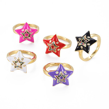 Adjustable Brass Micro Pave Colorful Cubic Zirconia Finger Rings, with Enamel, Nickel Free, Star, Real 16K Gold Plated, Mixed Color, US Size 6 3/4(17mm)