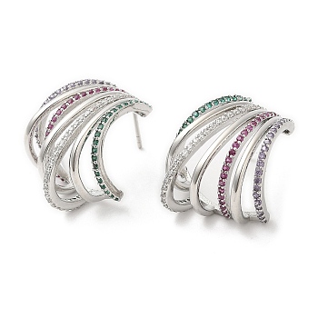 Colorful Rhinestone Claw Stud Earrings, Rack Plating Brass Earrings for Women, Lead Free & Cadmium Free, Platinum, 24x21mm
