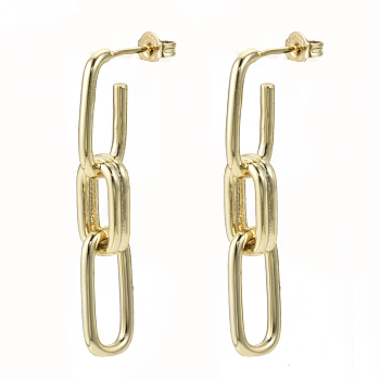 Brass Dangle Stud Earrings, with Ear Nuts, Nickel Free, Cable Chain, Real 18K Gold Plated, 41mm, Pin: 0.7mm