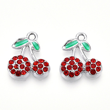 Rack Plating Alloy Pendants, with Rhinestone, Cherry, Hyacinth, 16.5x14x3.5mm, Hole: 1.8mm