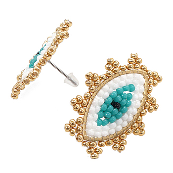 Glass Seed Beaded Stud Earrings, Eye, Turquoise, 20x35mm