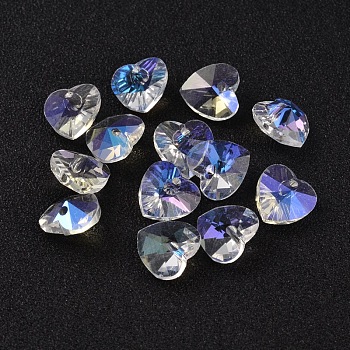 Romantic Valentines Ideas Glass Charms, Faceted Heart Pendants, AB Color Plated, Colorful, 18x18x10mm, Hole: 1mm