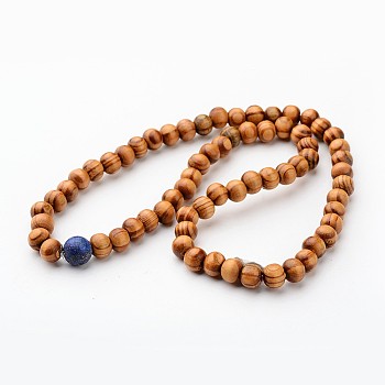 Wood Beaded Necklaces, with Natural Lapis Lazuli Beads, 18.11 inch