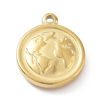304 Stainless Steel Pendants, Flat Round with Map Charm, Golden, 18x15x3.5mm, Hole: 1.6mm