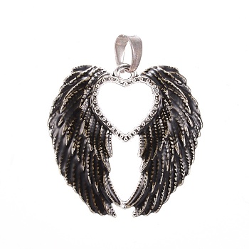 Antique Silver Plated Alloy Enamel Pendants, Wing with Heart, Gray, 44x44.5x3.5mm, Hole: 6.5x9.5mm