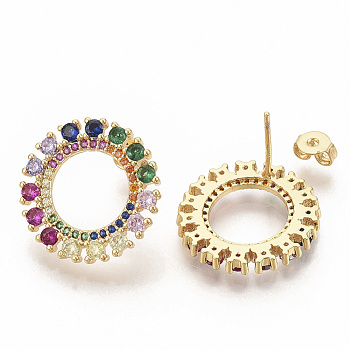 Brass Micro Pave Colorful Cubic Zirconia Stud Earrings, with Earring Backs, Round Ring, Real 16K Gold Plated, 19.5mm, Pin: 0.7mm