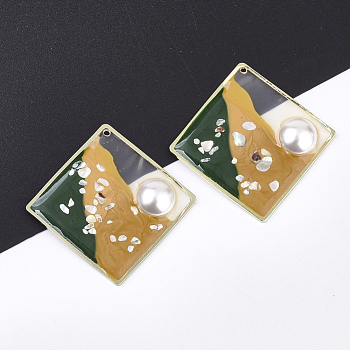 Epoxy Resin Pendants, with ABS Plastic Imitation Pearl and Shell, Brass Findings and Enamel, Rhombus, Golden, Goldenrod, 41.5x41.5x5.5~6mm, Hole: 1.2mm