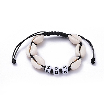 (Jewelry Parties Factory Sale)Family Bracelets for Son, Adjustable Korean Waxed Polyester Cord Braided Bead Bracelets, with Acrylic Letter Beads and Cowrie Shell, Word SON, Black, Inner Diameter: 2 inch~3-1/2 inch(5.1~9cm)
