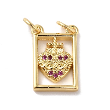 Rack Plating Brass Micro Pave Cubic Zirconia Pendants, Cadmium Free & Lead Free, Long-Lasting Plated, Real 18K Gold Plated, Rectangle with Heart, Medium Violet Red, 16.5x10x2mm, Jump Ring: 5x0.8mm, 3.4mm Inner Diameter