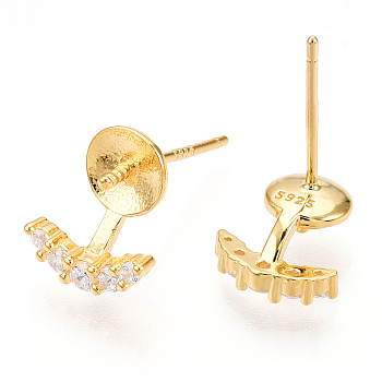 925 Sterling Silver Stud Earring Findings Micro Pave Cubic Zirconia, for Half Drilled Beads, with S925 Stamp, Eyelash, Real 18K Gold Plated, 10x8.5x2mm, Pin: 0.7×12mm
