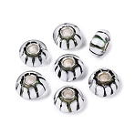 Handmade Lampwork & Brass Core European Beads, Large Hole Beads, Rondelle with Line Pattern, White, 13~15x7.5~8.5mm, Hole: 4~4.5mm(LAMP-N044-01S-01)