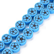 Handmade Polymer Clay Bead Strands, Flat Round with Football, Deep Sky Blue, 8~9x4~5mm, Hole: 1.2~1.4mm, about 40~41pcs/strand, 13.62 inch~13.86 inch(34.6cm~35.2cm)(CLAY-S096-031E)