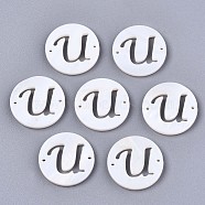 Natural Freshwater Shell Links Connectors, Flat Round with Letter, Letter.U, 14.5x1.5mm, Hole: 0.9mm(SHEL-S276-120U)