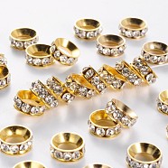 Brass Rhinestone Spacer Beads, Rondelle, White, Golden Color, about 10mm in diameter, 4mm thick, hole: 5mm(RSB093-2G)