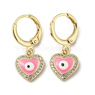 Real 18K Gold Plated Brass Dangle Leverback Earrings, with Enamel and Cubic Zirconia, Heart with Evil Eye, Deep Pink, 25x10.5mm(EJEW-L269-008G-04)