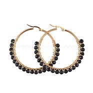 Beaded Hoop Earrings, with Natural Black Agate Beads, Golden Plated 304 Stainless Steel Hoop Earrings and Cardboard Packing Box, 50mm, Pin: 0.6x1mm(X-EJEW-JE03830-04)