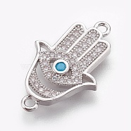 Brass Micro Pave Cubic Zirconia Links, Long-Lasting Plated, Hamsa Hand/Hand of Fatima/Hand of Miriam, Lead Free & Nickel Free & Cadmium Free, Clear, Real Platinum Plated, 22x14x2mm, Hole: 1mm(ZIRC-O026-18P-NR)