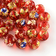 Mixed Flower Picture Printed Glass Round Beads, Red, 12mm, Hole: 1.5mm(X-GFB-R004-12mm-M16)