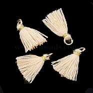 Polycotton(Polyester Cotton) Tassel Pendant Decorations, Mini Tassel, with Iron Findings and Metallic Cord, Light Gold, PeachPuff, 10~15x2~3mm, Hole: 1.5mm(FIND-S281-31)