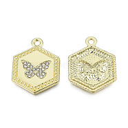Rack Plating Alloy Pendants, with Crystal Rhinestone, Hexagon with Butterfly, Cadmium Free & Nickel Free & Lead Free, Light Gold, 24x18x2mm, Hole: 1.8mm(PALLOY-T077-178)