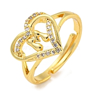 Heart with Letter Rack Plating Brass Micro Pave Clear Cubic Zirconia Adjustable Rings for Women, Lead Free & Cadmium Free, Real 18K Gold Plated, Letter M, Inner Diameter: 16mm(RJEW-I105-01G-M)