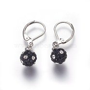 (Jewelry Parties Factory Sale), 304 Stainless Steel Leverback Dangle Earrings, with Polymer Clay Rhinestone Beads, Round, Stainless Steel Color, Jet, 29mm, Pin: 0.7x1mm(EJEW-O089-15P-B)