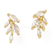 Rack Plating Brass Leaf Stud Earrings with Cubic Zirconia, Lead Free & Cadmium Free, Real 18K Gold Plated, 13x7mm(EJEW-D061-12G)