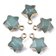 Natural Green Aventurine Pendants, with Light Gold Plated Edge and Brass Loop, Star, Faceted, 16~17x13x6.5mm, Hole: 1.6mm(X-G-N326-36H)