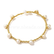 Natural Pearl Beaded Cuff Bangle, Brass Wire Wrapped Bangle, Real 14K Gold Plated, Inner Diameter: 2-3/8 inch(5.9cm)(BJEW-C051-22G)