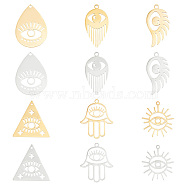 AHADERMAKER 12Pcs 12 Styles 201 Stainless Steel Pendants, Laser Cut, Teardrop & Triangle & Wing with Evil Eye Charm, Golden & Stainless Steel Color, 25~30x15.5~23x1mm, Hole: 1.2~2mm, 1pc/style(STAS-GA0001-41)