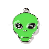 Alloy Enamel Pendants, Alien Skull Charm, Platinum, Green, 25~25.5x18~20x2.5mm, Hole: 2mm(FIND-B035-03P-02)