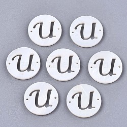 Natural Freshwater Shell Links Connectors, Flat Round with Letter, Letter.U, 14.5x1.5mm, Hole: 0.9mm(SHEL-S276-120U)