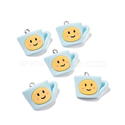 Opaque Resin Pendants, with Platinum Tone Iron Loops, Cup Charm with Smiling Face, Light Sky Blue, 19.5x24.5x9mm, Hole: 2mm(RESI-D057-04P)