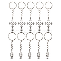 Tibetan Style Alloy Keychain, with Iron Split Key Rings, Cross/Jesus Fish Charms, Antique Silver, 9.4cm, 10pcs/set(KEYC-JKC00555-01)