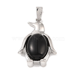 Natural Obsidian Pendants, with Alloy and Iron Findings, Penguin, Platinum, 34x23.5x7mm, Hole: 8x4mm(G-A224-02P-04)