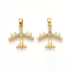 Brass Micro Pave Cubic Zirconia Pendants, Airplane Charms, Real 18K Gold Plated, 17~17.5x17~17.5x2mm, Hole: 2.5~3x5mm(KK-T070-81G)