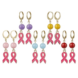 October Breast Cancer Pink Awareness Ribbon Alloy Enamel Leverback Earrings, Natural Mixed Gemstone Round Beaded Long Drop Earrings, 45x10mm(EJEW-JE05668)