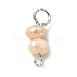 Natural Cultured Freshwater Pearl Connector Charms, Potato Links, with Stainless Steel Color Plated Brass Double Loops, PeachPuff, 13x4.5x4mm, Hole: 1.8mm & 3mm(PALLOY-JF02263-01)