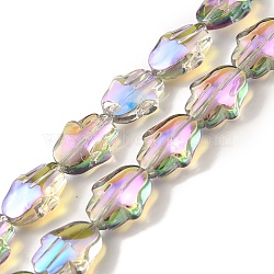 Transparent Electroplate Glass Beads Strands, Half Rainbow Plated, Hamsa Hand, Violet, 17.8x13.5x7.5mm, Hole: 1.3mm, about 40pcs/strand, 27.95 inch(71cm)(EGLA-F159-HR02)