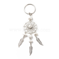 Natural Howlite Keychain, with Iron, 304 Stainless Steel & Alloy Findings, Woven Net/Web with Feather, 11.4~11.8cm(KEYC-JKC00346-06)