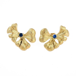 Ion Plating(IP) 304 Stainless Steel Leaf Stud Earrings for Women, with Blue Cubic Zirconia, Golden, 30x31mm(EJEW-K281-28G)