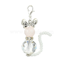 Cat Shape Natural Rose Quartz & Glass Pendant Decorations, Alloy Lobster Claw Clasps Charms for Bag Key Chain Ornaments, 50mm, Cat: 37.5x32x14mm(HJEW-TA00197)