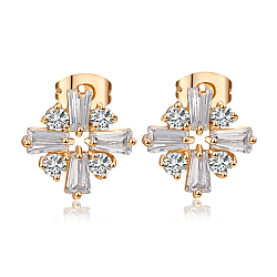 Real 18K Gold Plated Flower Brass Cubic Zirconia Stud Earrings, Clear, 14x14mm(EJEW-EE0001-220)