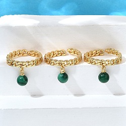 Brass Curb Chain Cuff Rings for Women, with Synthetic Malachite Chips Charms, Cadmium Free & Lead Free, Long-Lasting Plated, Rack Plating, Real 18K Gold Plated, 7x4mm, Adjustable(RJEW-Z085-03G-02)