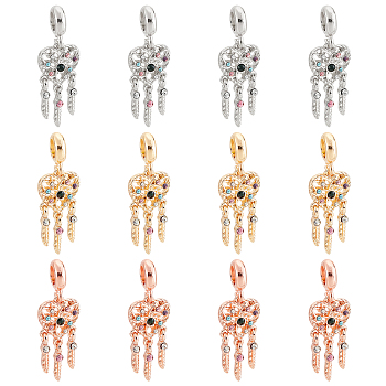 12Pcs 3 Colors Rack Plating Alloy European Dangle Charms, with Colorful Rhinestone, Large Hole Pendants, Cadmium Free & Nickel Free & Lead Free, Woven Net/Web with Feather, Mixed Color, 36.5mm, Hole: 5mm, 4pcs/color