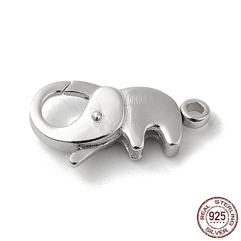 Rhodium Plated 925 Sterling Silver Lobster Claw Clasps, Elephant, with 925 Stamp, Real Platinum Plated, 19.5x10x4.5mm, Hole: 1.8mm