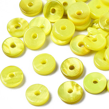 Spray Painted Natural Freshwater Shell Beads, Disc/Flat Round, Heishi Beads, Yellow, 7x1.5~2mm, Hole: 1.5mm