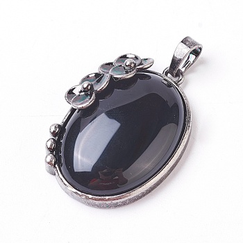 Natural Black Agate Pendants, with Brass Findings, Oval with Flower, Antique Silver, 35x26.5x9mm, Hole: 7x5mm