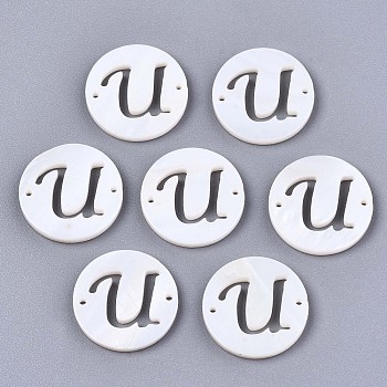 Natural Freshwater Shell Links Connectors, Flat Round with Letter, Letter.U, 14.5x1.5mm, Hole: 0.9mm